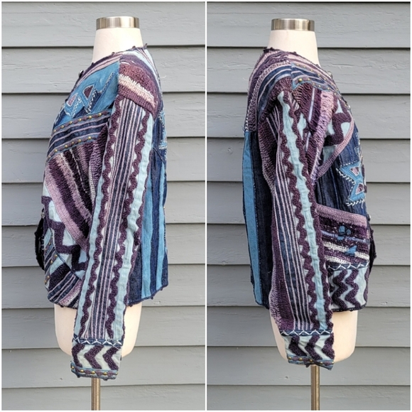Vintage 90s y2k Denim Blue Purple Knit Crochet Studded Embroidered Jacket Md - Picture 2 of 6